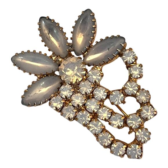 Vintage Brooch & Earring Set Floral Opal Rhinestone Navette Demi-Parure MCM 5Q - Picture 3 of 8